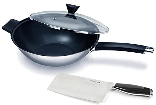 Ken Hom Wok Set 32 cm Induktion aus Edelstahl antihaftbeschichtet mit Glasdeckel - Wokpfanne für alle Herdarten geeignet - 3-tlg. Set inkl. 18 cm Hackmesser