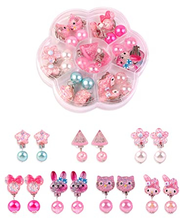 XPEX 7 Paires de Boucles d'oreilles à Clip sans Piercing Motif Boucles d'oreilles Habiller Princesse Bijoux Accessoires Filles Bambin boîte Transparente