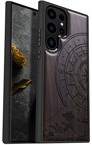 Carveit Étui Bois pour Galaxy S23 Ultra, (Sombre-Boussole Vagues) | [Gravure Laser Bois Coque] Souple TPU Silicone de Téléphone Compatible avec Samsung Galaxy S23 Ultra Étui Protection