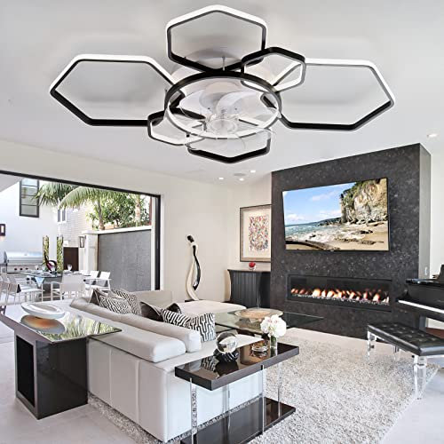 Dimmable Ceiling Fans with Lights and Remote APP Control, Silent DC Reversible Ceiling Fans with LED Lamps, 6 Speed Timer Ceiling Fan with Lighting for Bedroom Living Room Kitchen-A-Black||103CM