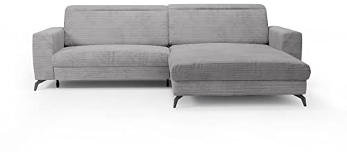 CAVADORE Ecksofa Bounce mit Cord-Bezug / L-Form-Sofa mit Schlaffunktion, Bettkasten + Kopfteilverstellung / 290 x 88-108 x 178 / Breitcord, Hellgrau