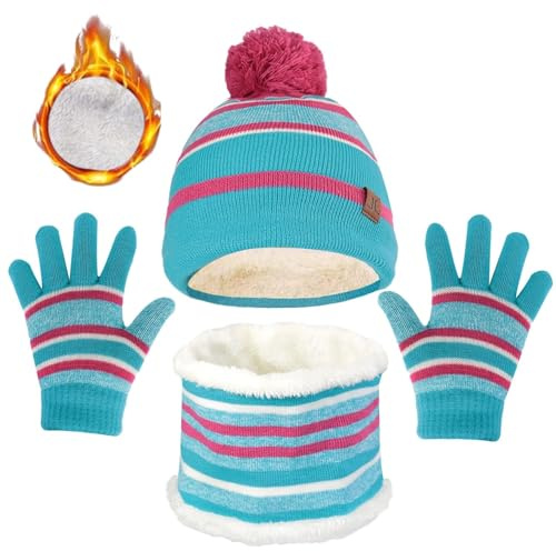 JFAN 3 en 1 Chaud Tricot Bonnet Enfant Hiver Chapeau Echarpe Gants Ensemble Lot de 3 Motifs Rayures Mignonne Multicolore Ski Cap Taille unique Bleu Pâle