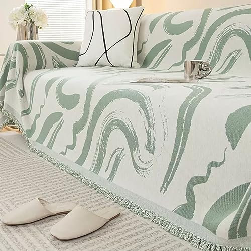 Mesnt Sofabezug 4 Sitzer Big Sofa, Chenille Sofaüberwurf Decke Couch mit Geometrisches Graffiti-Muster mit Quasten Lichtgrün, 180x340CM