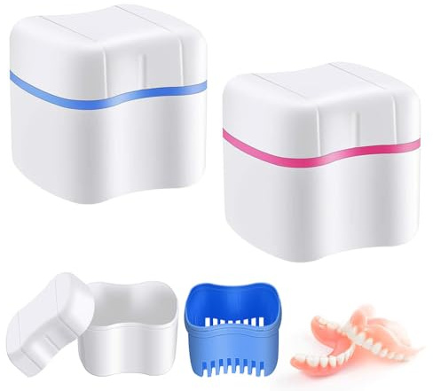 katmerio Dentures Case,2Pcs Zahnprothesenbox mit Sieb, Auslaufsicher Prothese Box, tragbarer Behälter für falsche Zähne, hygienischer Zahnprothesenbehälter für die Aufbewahrung