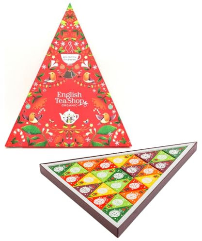 English Tea Shop® | Calendario de Adviento de Triángulos | 25 mini estuches de té y té de hierbas orgánicos para Navidad | Caja de Regalo Adviento Roja - 25 Pirámides de Té
