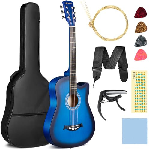 CAHAYA 38 Zoll Akustikgitarre Lindenholz: Akustikgitarren Set für Anfänger, Kinder und Erwachsene, kommt mit Tragetasche, Ersatzsaiten, Kapodaster, Plektren, Skalenaufklebern, Blau CY0354