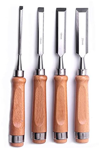 4pcs 6mm 12mm 19mm 25mm Flat Chisel Chrome Vanadium Steel Woodworking Chisel Tool Hand DIY Wood Carving Chisel Gouge (Blade Size: 4pcs) (4pcs)