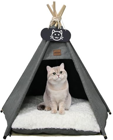 Whiwhi Tipi Zelt für Haustiere Hundezelt Katzenzelt mit Kissen Waschbar Haustierzelte Häuser Hundehöhle und Haustierhäuser Wegklappen Haustier Zelt Möbel 40x40x50cm