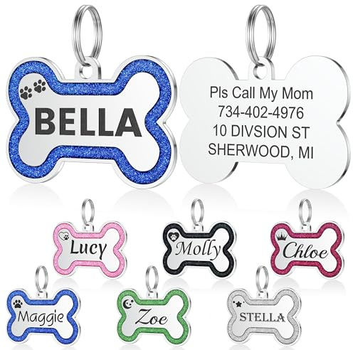 Hundemarke mit Gravur - YEHANTI Personalisierte Anhänger für kleine bis mittelgroße Hunde in Glitzerknochen - Edelstahl Hundemarke Personalisiert mit Name, Telefonnummer und Adresse (Blau, Kleine)