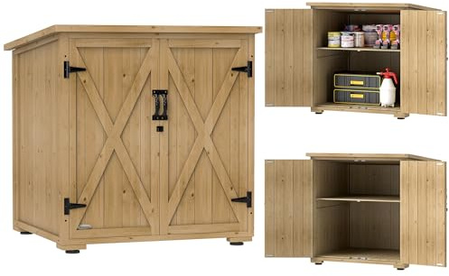 Outsunny Trädgårdsskåp, apparatskåp, väderbeständigt utrustningsskjul, träskåp med dubbeldörr, trädgårdsskjul för trädgård, balkong, natur, 77,5 x 88 x 90 cm