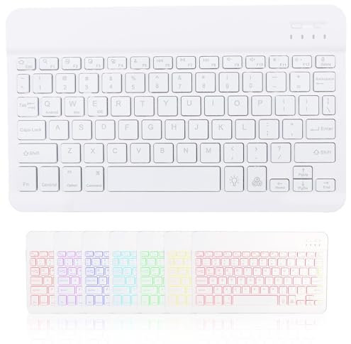 Fogcays Bluetooth Keyboard, Ultra-Slim Wireless Portable Quiet Keyboard with 7 Colours Backlight UK Layout Built-in Rechargeable Battery Compatible with iPad Mac iOS Android and Windows(White)