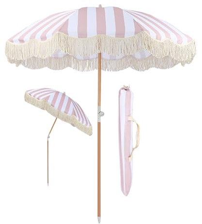 ACHZYFT Parasol De Jardin Vintage De 2M, Rayé Rose Et Blanc, Parasol De Table De Marché Extérieur avec Pompons, Parasol Rond Inclinable, Parasol De Plage(Size:2M)