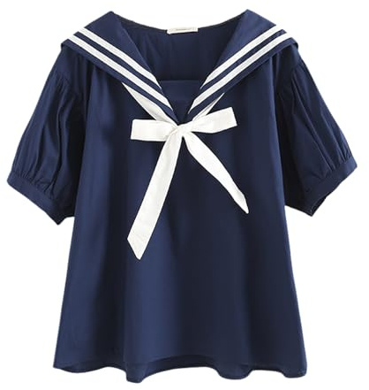 Chemisiers à manches courtes pour femmes et adolescentes - Nœud japonais mignon - Col en V marine - Pull à col rond - T-shirts amples - Blouses, Taille unique
