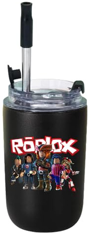 MAJEQZGY Roblox Wasserflasche 280 ml Auslaufsicher Trinkflasche mit Strohhalm Edelstahl für Arbeit, Reisen, Outdoor, Schule (Schwarze Coole Charaktere)