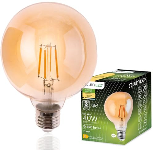 Lumiled G125 E27 LED Vintage Lampe 4W (Entspricht 40W), 470 Lm Farbiges Glas Leuchtmittel kugelförmig 2000K Licht Traditionelle Warmglow Globe Birne, Retro 360° Glühbirnen Filament