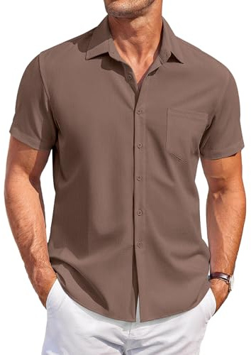 COOFANDY Hombres Camisa de Manga Corta Camisa Casual con Botones Regular Fit Camisa de Verano con Bolsillo Marrón M