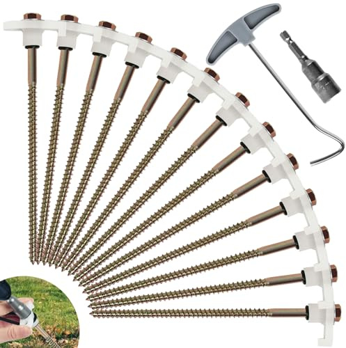 DHGKVK 12x Zeltheringe,Drehbare Zeltheringe mit Gewinde,Felsboden-Erdnägel für Camping,mit Adapter für Akkuschrauber, mit Nagelzieher, Robuste Stahl-Heringe für Camping und Outdoor.(Weiß)