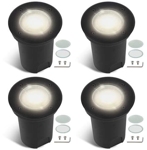 Fiqops 4er Set Bodenstrahler außen IP67,Bodeneinbaustrahler aussen mit LED GU10 3W Naturweiß (Wechselbar) rund Bodenleuchten Schwenkbar Mit Mattierten Ersatzlinsen Bodenspot befahrbar 230V