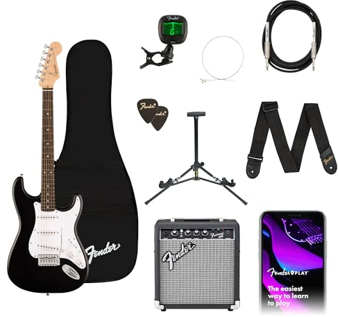 Squier by Fender Debut Stratocaster Guitar Pack, Includes Amp, Tuner, Stand, Gig Bag, Cable, Strap and Free Virtual Lessons, Perfect for Beginners, Black