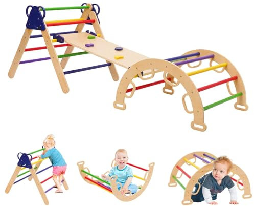 7 en 1Triángulo de Escalada, Juego de Escalada de Madera con Tobogán y Arco de Escalada, Estructura de Escalada Montessori para Interior y Exterior,Parque Infantil Exterior para Niños