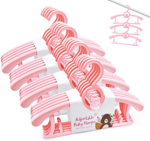 30 Stück Kleiderbügel Kinder, Kinderkleiderbügel Verstellbar 29-37cm mit Stapelbaren Bärchen-Haken Platzsparende Antirutsch Kunststoff Kleiderbügel für Babys und Kinder, Rosa