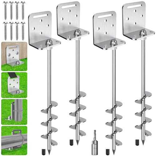 BeneLabel Tent Peg Heavy Duty, 67cm Ground Anchor Screw Trampoline Stake 4pcs Metal Climbing Frame Earth Sand Spiral 5cm Wind Storm Spike for Swing/Camping/Shed/Dog/Carport/Canopy with Fixed Plate