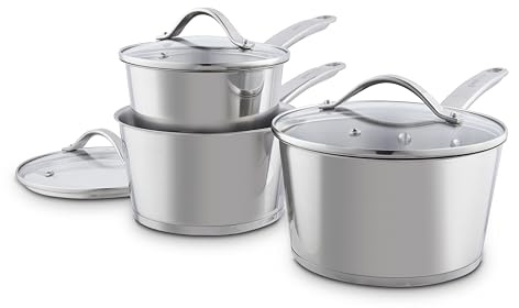 Good Food in Partnership with Tower 3 Piece Saucepan Set with 16cm, 18cm & 20cm Saucepans with Steam Release Tempered Glass Lids, Induction Compatible, Stainless Steel