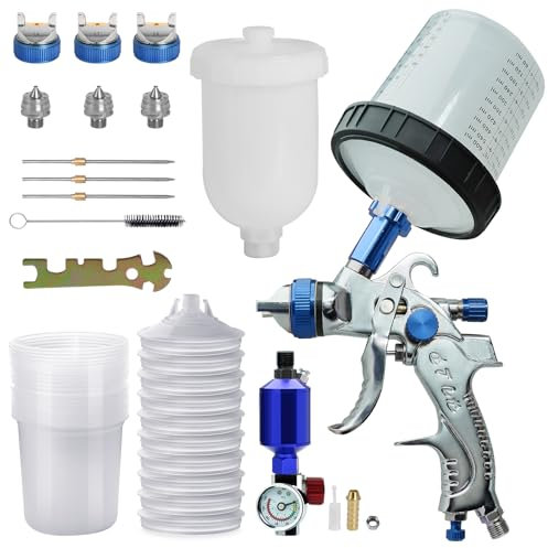 HVLP Paint Spray Gun Kit, 600ml Cup with 3 Nozzles, Air Regulator, 10 Disposable Cups and Lids, Cleaning Tools (Blue)