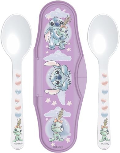 Set mit 2 Löffeln mit Stitch-Box Kinderbesteck aus weichem Silikon, Disney-Design, inklusive Reisetasche sicher, rutschfest, perfekt für Entwöhnung, Kindergarten und erste Mahlzeiten.