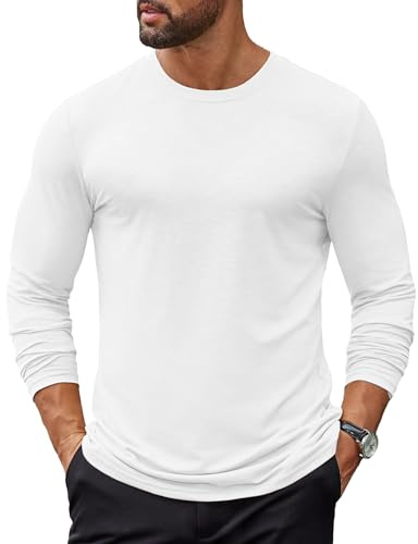 COOFANDY Camiseta Manga Larga Hombre Camisetas Basicas Camiseta Informal T Shirt Lisa Camisetas Cuello Redondo Blanca XL