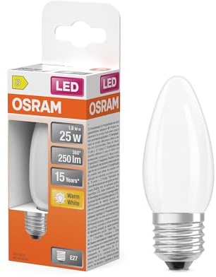 OSRAM Lampada LED Star candela forma filamento B25, 2700 K bianco caldo, 1,8 W, E27, satinato, 250 lm, 15.000 h, per lampade da tavolo, apparecchi decorativi
