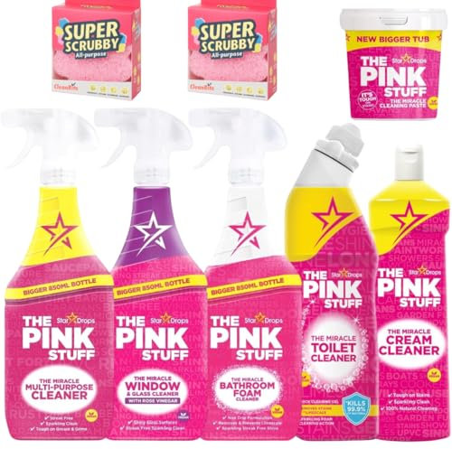 The Pink Stuff – Kit Limpieza Completo de 6 produstos, Pasta Milagrosa 850g, Spray Multiusos 850ml, limpiador Baño 850 ml, Limpiacristales 850ml, Limpiador WC 750 ml, Crema 500ml + 2 Estropajos