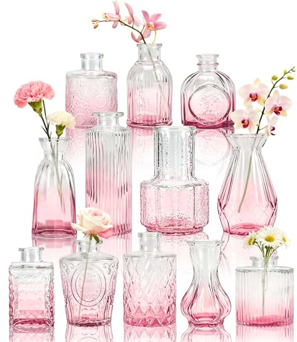 BTSD-home 12 Stück Rosa Kleine Vasen für Party und Wohnzimmerdeko | Handgefertigte Glasoptik Vintage inspiriertes Design Für Trockenblumen Kunstblume geeignet Einweihung