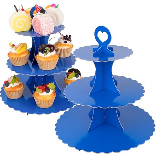 3-Tier Cupcake Stand 2 Pack Dessert Cup Cake Stand Tower Paper Round Cake Display Serving Plate for Anniversary Christening Disposable Pastry Holder for Birthday Wedding Party Decoration (DarkBlue)
