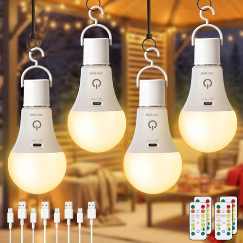 Dehobo Bombilla Recargable con Mando E27 3 Color Bombillas Sin Cables 4uds | Bombillas Recargables Ajustables Control Remoto, Bombillas LED con Gancho, Luz LED Recargable Emergencia Interior Exterior