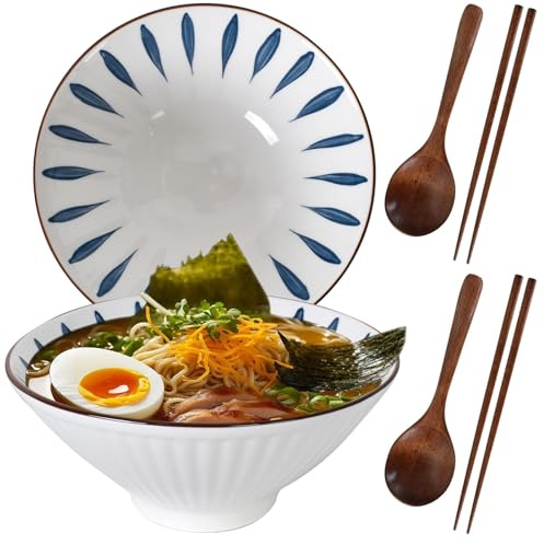 DecorDwell 1200ml Ramen Bowl de Cerámica, 2 Juegos Tazón de Ramen Japonés con Palillos y Cuchara, Ensaladeras, Tazones de Sopa para Ensalada Fideos Cereales Sopa Frutas Verduras (Hojas)