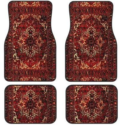 Tapis de Sol de Voiture 4 pièces, Motif Oriental Rouge foncé - Convient aux Voitures, SUV et camions | Lavables en Machine