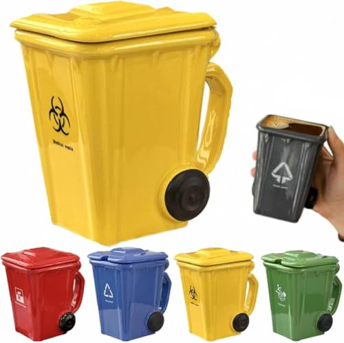 Wheelie Bin-Themed Funny Mugs, 400mL Trash Can Shaped Ceramic Coffee Cup with Complimentary Spoon, 5 Colors, Design-Led Personalised Mug - Novelty Gifts for Home & Office (Yellow)