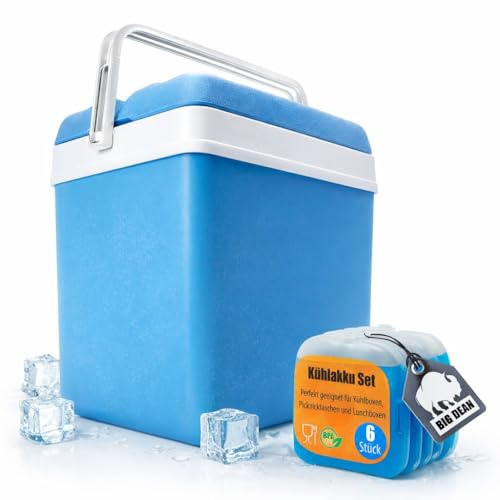 BigDean Kühlbox 24 Liter + 6 Kühlakkus blau bis 11 Std. Kühlung ohne Strom | Made in Europe, Isolierbox für Camping, Picknick, Strand, Festival & Garten