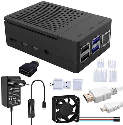 GeeekPi Raspberry Pi 4 Gehäuse mit PWM Lüfter, 5V 3.6A USB-C Netzteil,Raspberry Pi Kühlkörper, Micro-HDMI Kabel,Micro HDMI zu HDMI Adapterkabel,USB Kartenleser für Raspberry Pi 4 Modell B