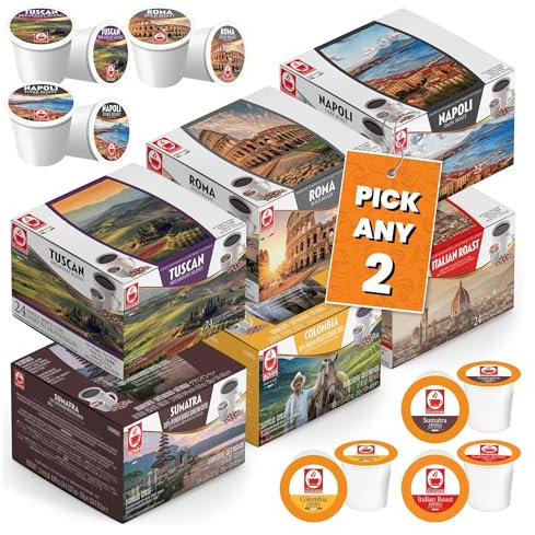 Bonini Coffee Pods, Keurig Compatible Coffee Pods, K-Cup. Pick Any 2 Packs from 6 flavours Inc. Roma, Napoli, Sumatra, Colombia, Tuscan, Italian Roast. Each Pack 24 pods (Total 48 pods)