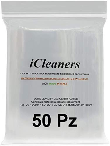 iCleaners 50 Buste in plastica Trasparente Prodotte in Italia per Alimenti richiudibili risigillabili, Chiusura a Pressione, Riutilizzabile, Molto Resistente, 100% Made in Italy (22x32)