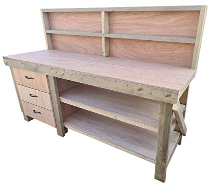 Arbor Garden Solutions Wooden Workbench Eucalyptus Hardwood Top - With 3x Drawer Tool Cabinet With Double Storage Shelf and Back Panel (6ft)
