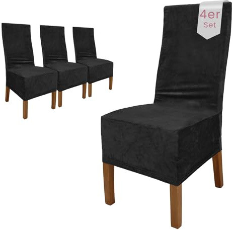 Scheffler Home Stuhlhussen Samt Schwarz 4er Set Puma | Weiche Velours-Stuhlbezüge, elastisch und waschbar, für Hochlehner, Polsterstühle und Esszimmerstühle