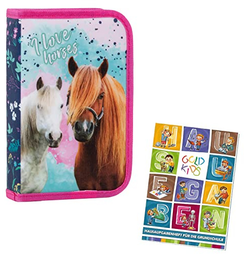 Goldkids Federtasche Federmappe Federmäppchen ohne Inhalt Schüleretui Stifte und Pinsel Fanartikel inkl. Aufgabenheft Federbox Etui Stiftetasche Schlamper-Etui Schul-Etui Pferd Motiv
