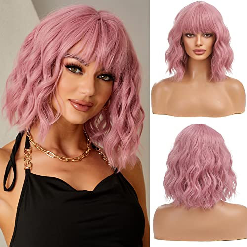 Esmee Breve Ondulato Rosa Bob Parrucca per le Donne Naturale Capelli Sintetici Parrucche con Frangetta Cosplay Partito Uso -12 Pollici