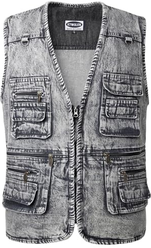 KTWOLEN Gilet en Jean Homme Motard - Veste Sans Manches Multipoche pour Photographe, Chasse, Pêche et Voyage