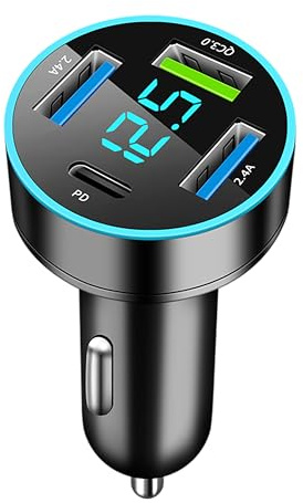 Car Charger USB C Car Adapter,4 Port USB Car Charger Adaptor with Voltmeter PD & QC 3.0 Car Phone Charger Cigarette Lighter USB Charger Socket Fast Charge for iPhone,Samsung,iPad & More Phone Tablets