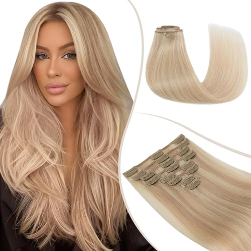 TESS Clip in Hair Extensions Real Human Hair Highlighted Remy Seamless 8 Pieces Straight for Women/Girls (#16P22 Light Blonde Highlighted Golden Blonde, 14 Inch 60g)