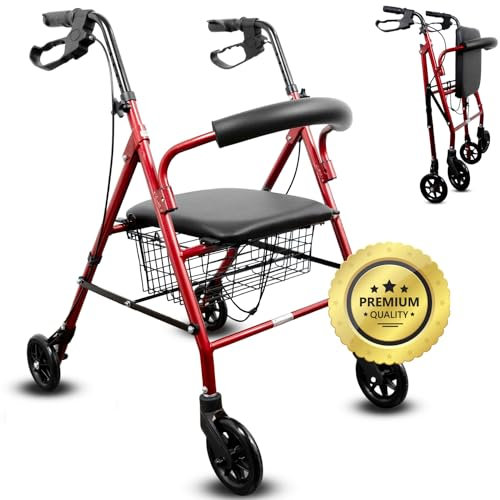 OrtoPrime Andador para Ancianos ROLLATOR de 4 Ruedas Plegable con Frenos de Maneta - Andadores adultos andador Ortopedia Rollator 4 Ruedas Caminadores para Mayores - Andador con ASIENTO y CESTA
